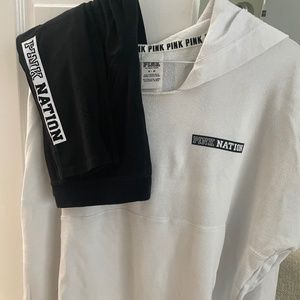 VICTORIA’S SECRET SET PINK NATION GO PINK OR HOME WHITE HOODIE BLACK LEGGINGS M